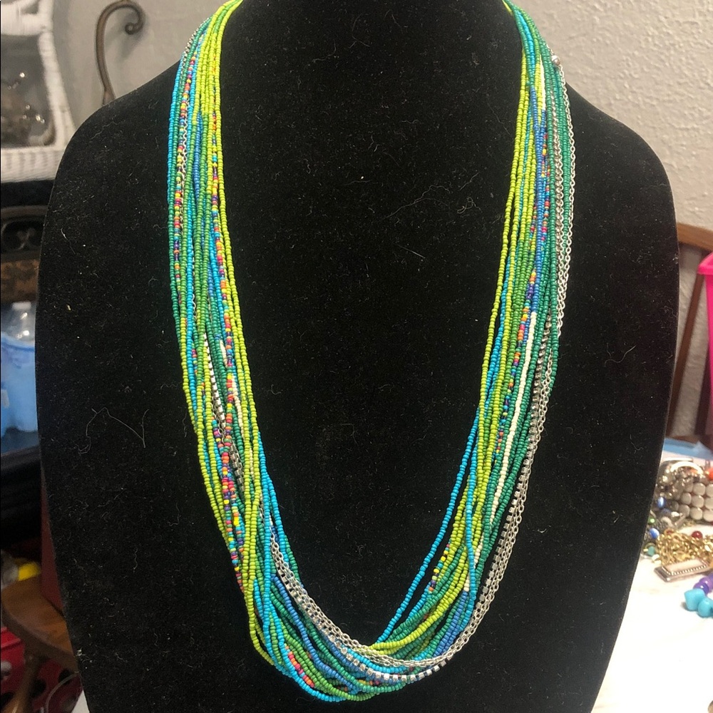 Chico's Multi-Strand Teal, Blue & Lime Beaded Necklace